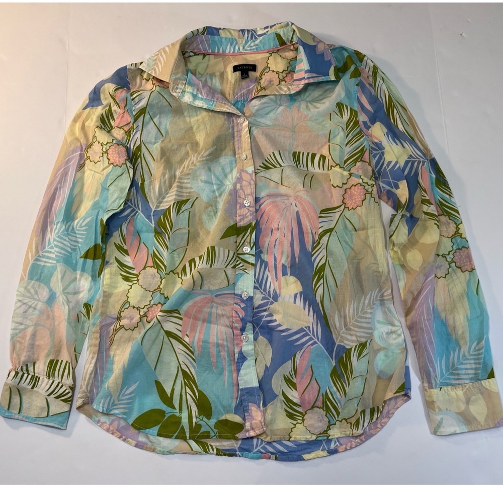 Talbots Tropical Button Down Shirt S Multicolor Cotton Long Sleeve Coastal Palm